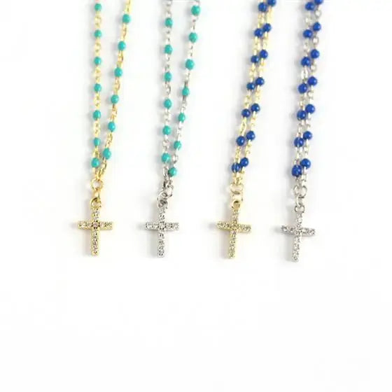Lovcia Holy CZ Cross Beads 925 Sterling Silver Necklace-Necklaces-Silver & Blue-Silver & Blue