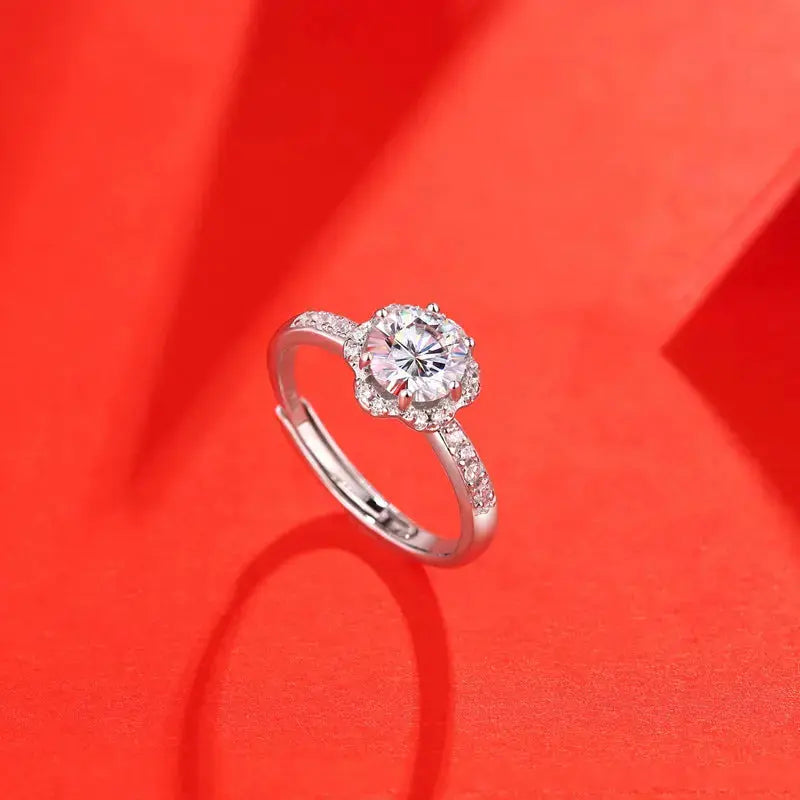 Lovcia Honey Moon Moissanite CZ Flower 925 Sterling Silver Adjustable Ring-Rings-0.5 Carat (Certificate Included)-0.5 Carat (Certificate Included)