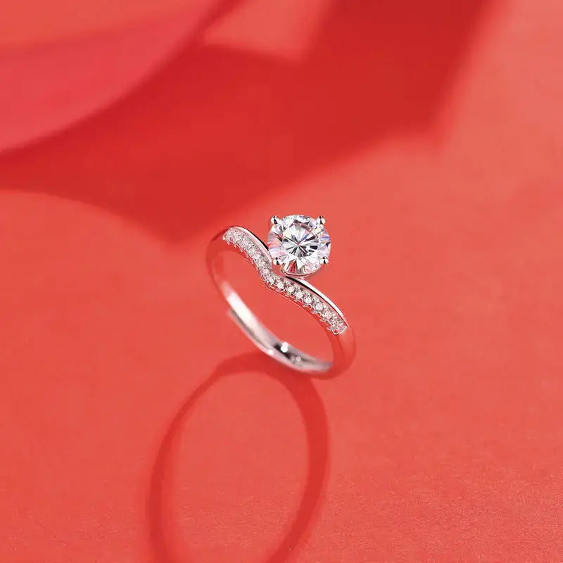 Lovcia Honey Moon Round Moissanite CZ V Shape 925 Sterling Silver Adjustable Ring-Rings-1 Carat (Certificate Included)-1 Carat (Certificate Included)