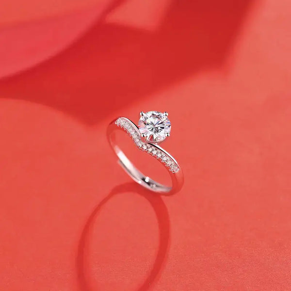 Lovcia Honey Moon Round Moissanite CZ V Shape 925 Sterling Silver Adjustable Ring-Rings-1 Carat (Certificate Included)-1 Carat (Certificate Included)
