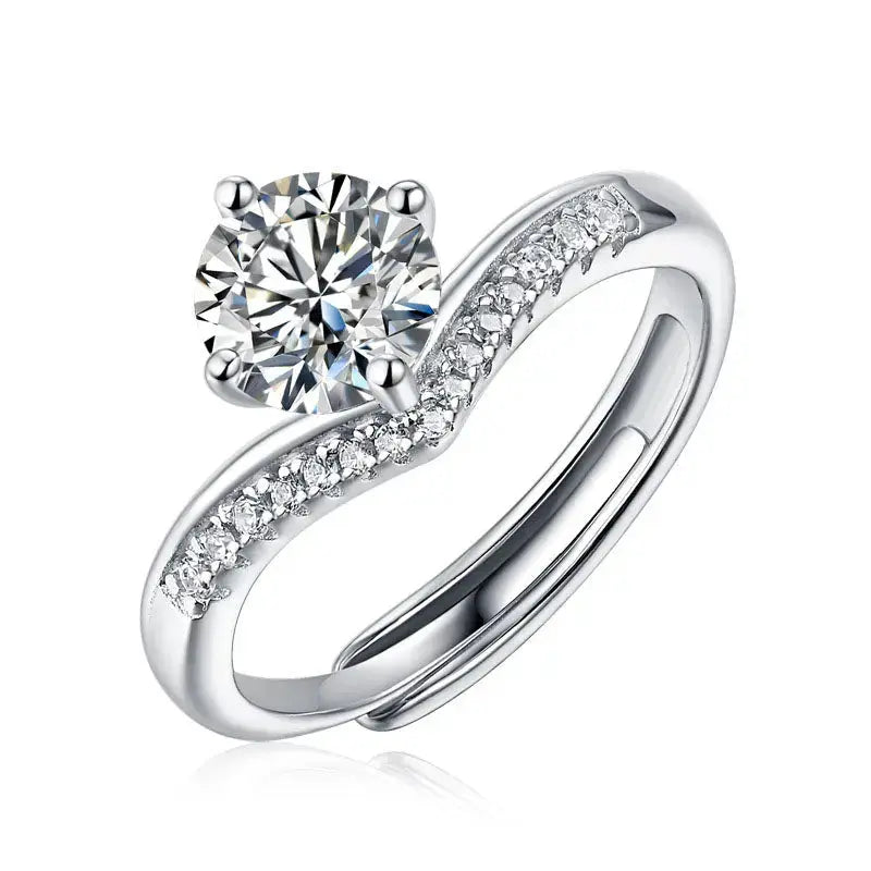 Lovcia Honey Moon Round Moissanite CZ V Shape 925 Sterling Silver Adjustable Ring-Rings-1 Carat (Certificate Included)-1 Carat (Certificate Included)