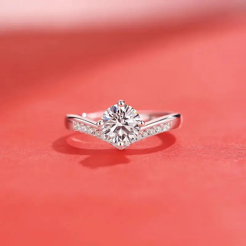 Lovcia Honey Moon Round Moissanite CZ V Shape 925 Sterling Silver Adjustable Ring-Rings-1 Carat (Certificate Included)-1 Carat (Certificate Included)