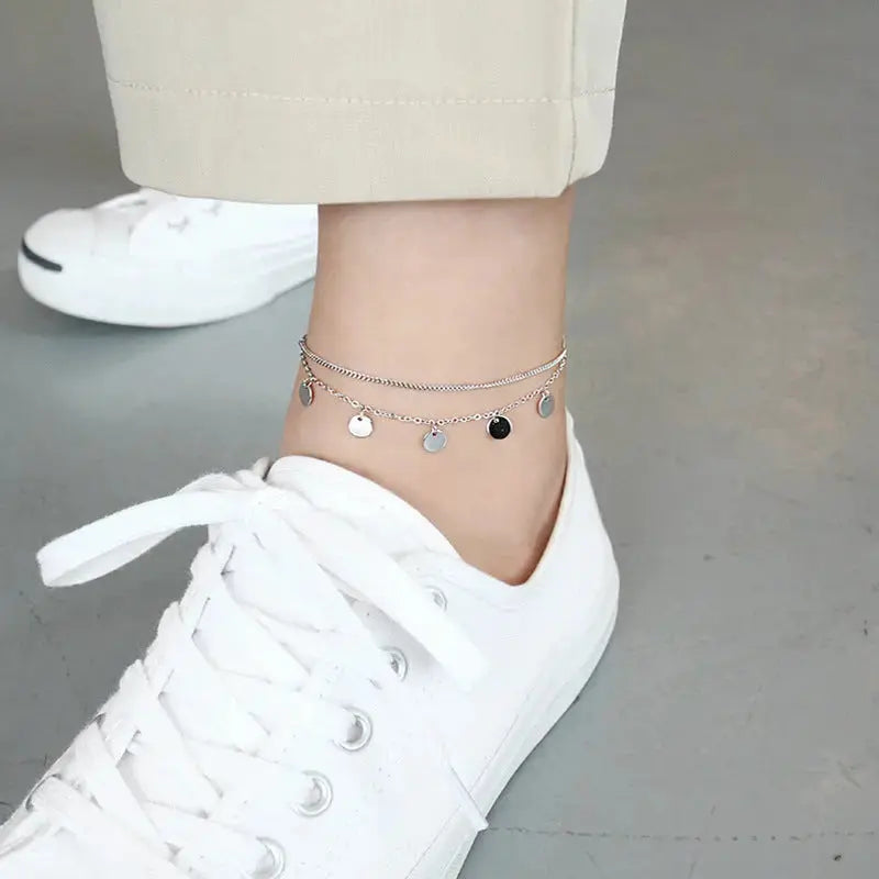 Lovcia Hot Double Layers Sequins 925 Sterling Silver Anklet-Anklets-Rhodium-Rhodium