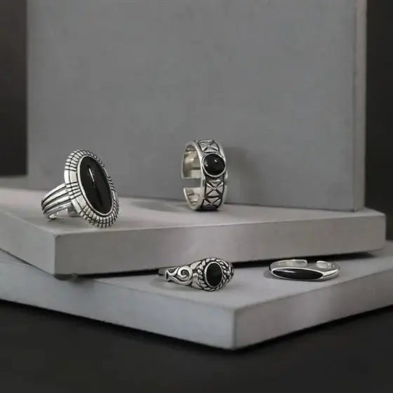 Lovcia Hot Vintage Black Geometry 925 Sterling Silver Adjustable Ring-Rings-Cj056-1-Cj056-1
