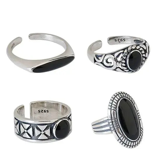 Lovcia Hot Vintage Black Geometry 925 Sterling Silver Adjustable Ring-Rings-Cj056-1-Cj056-1