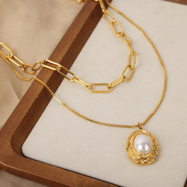 Lovcia Inlaid Pearl Double-Layered Titanium Steel Necklace-Necklaces-Gold-One Size-Gold