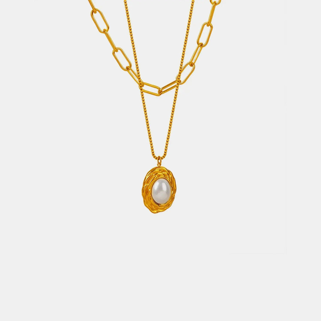 Lovcia Inlaid Pearl Double-Layered Titanium Steel Necklace-Necklaces-Gold-One Size-Gold