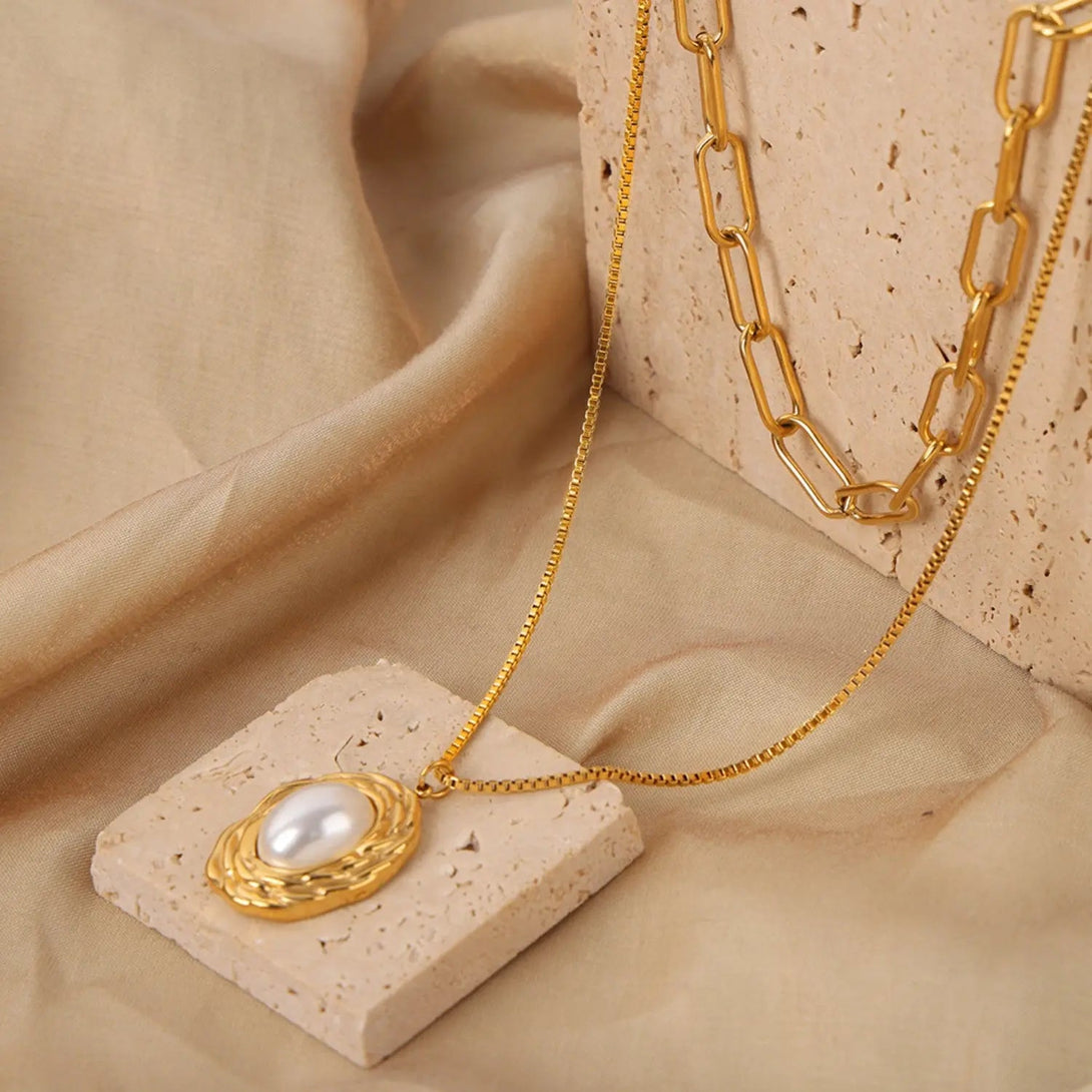 Lovcia Inlaid Pearl Double-Layered Titanium Steel Necklace-Necklaces-Gold-One Size-Gold