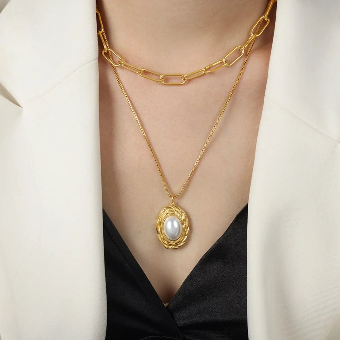 Lovcia Inlaid Pearl Double-Layered Titanium Steel Necklace-Necklaces-Gold-One Size-Gold