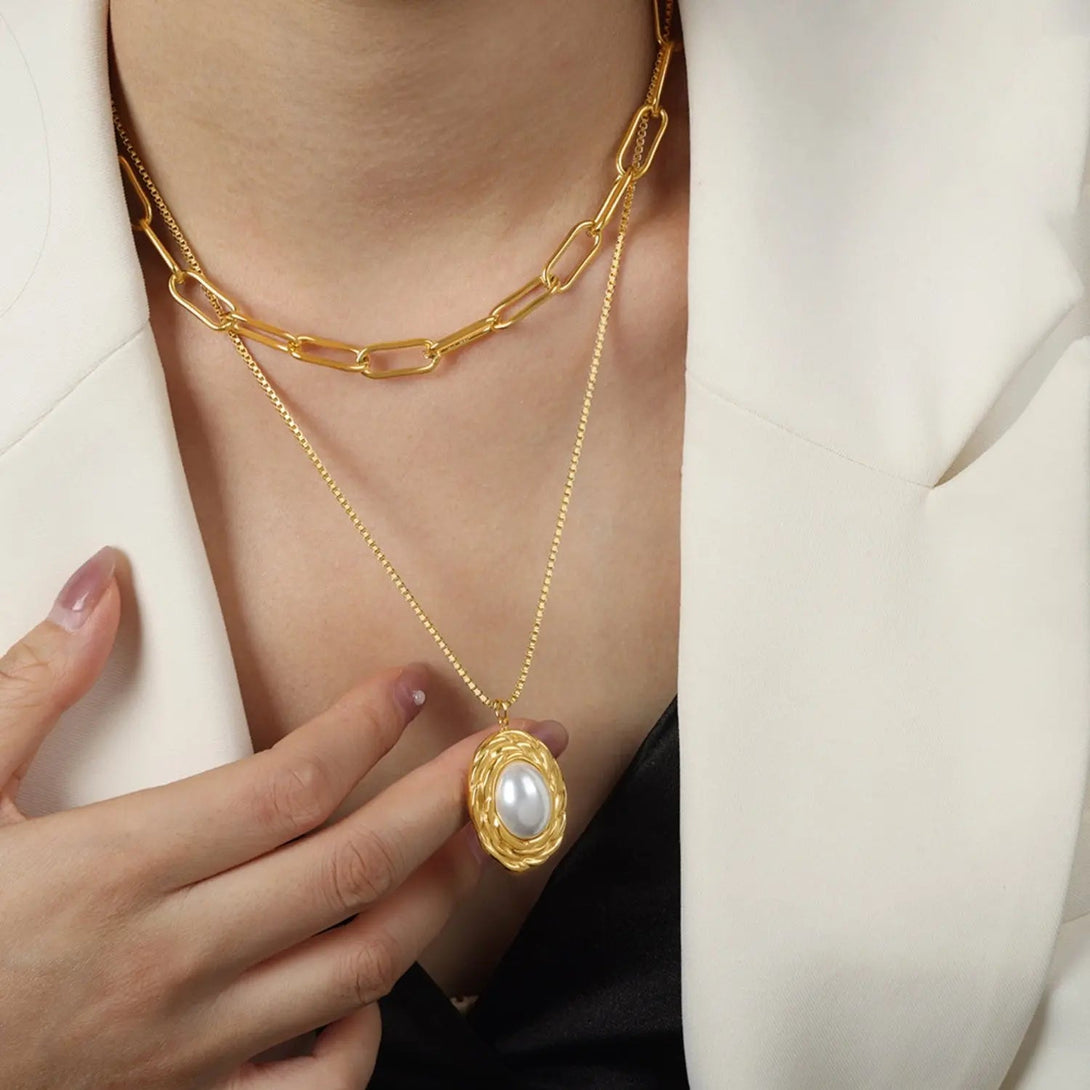 Lovcia Inlaid Pearl Double-Layered Titanium Steel Necklace-Necklaces-Gold-One Size-Gold