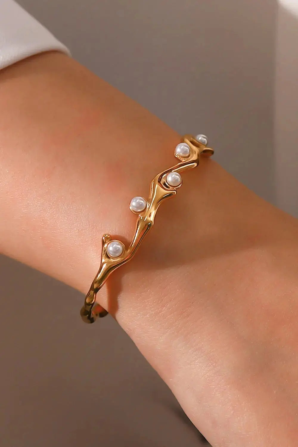 Lovcia Inlaid Synthetic Pearl Open Bracelet-Bracelets-Gold-One Size-Gold