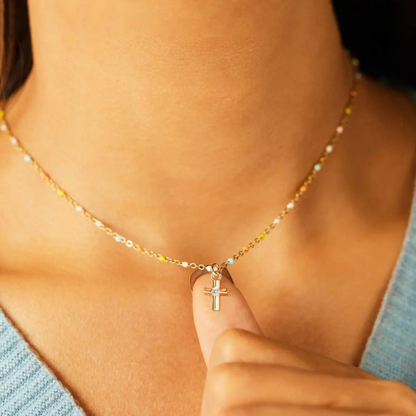 Lovcia Inlaid Zircon 18K Gold-Plated Cross Bead Necklace-Necklaces-Gold-One Size-Gold