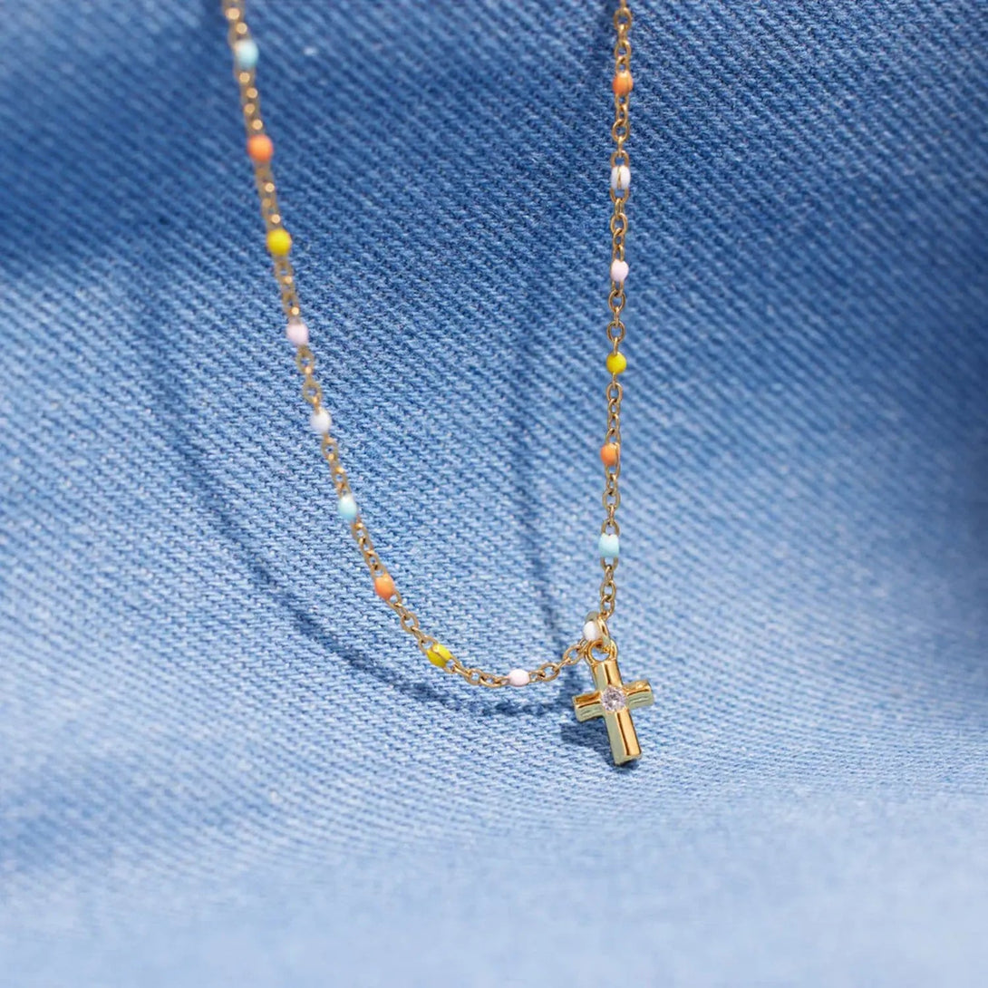 Lovcia Inlaid Zircon 18K Gold-Plated Cross Bead Necklace-Necklaces-Gold-One Size-Gold