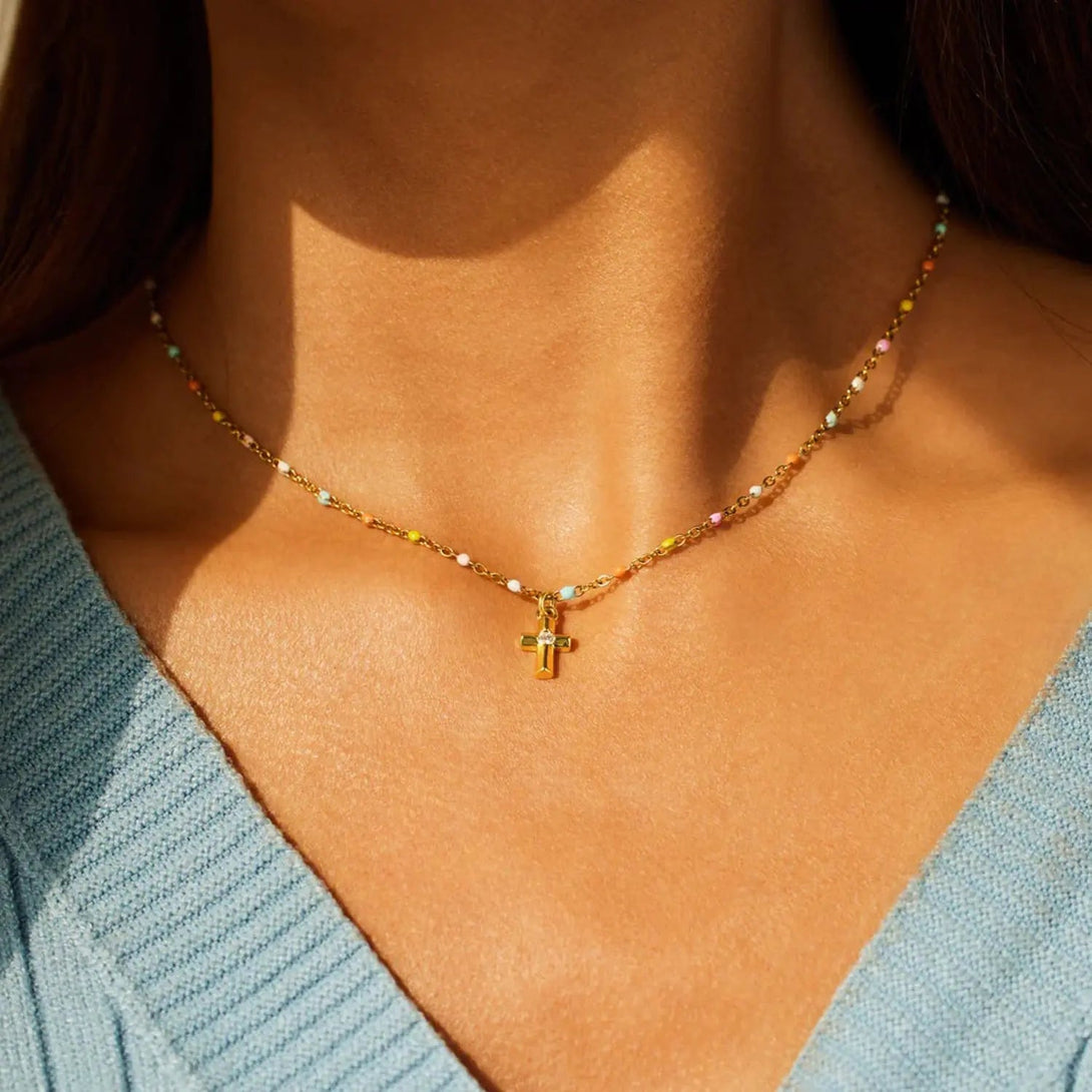 Lovcia Inlaid Zircon 18K Gold-Plated Cross Bead Necklace-Necklaces-Gold-One Size-Gold