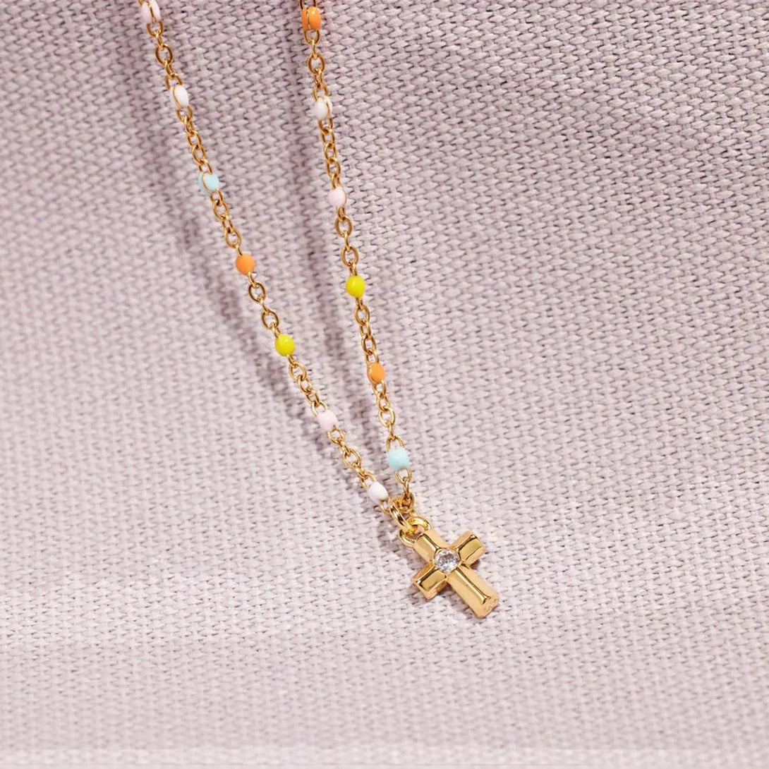 Lovcia Inlaid Zircon 18K Gold-Plated Cross Bead Necklace-Necklaces-Gold-One Size-Gold
