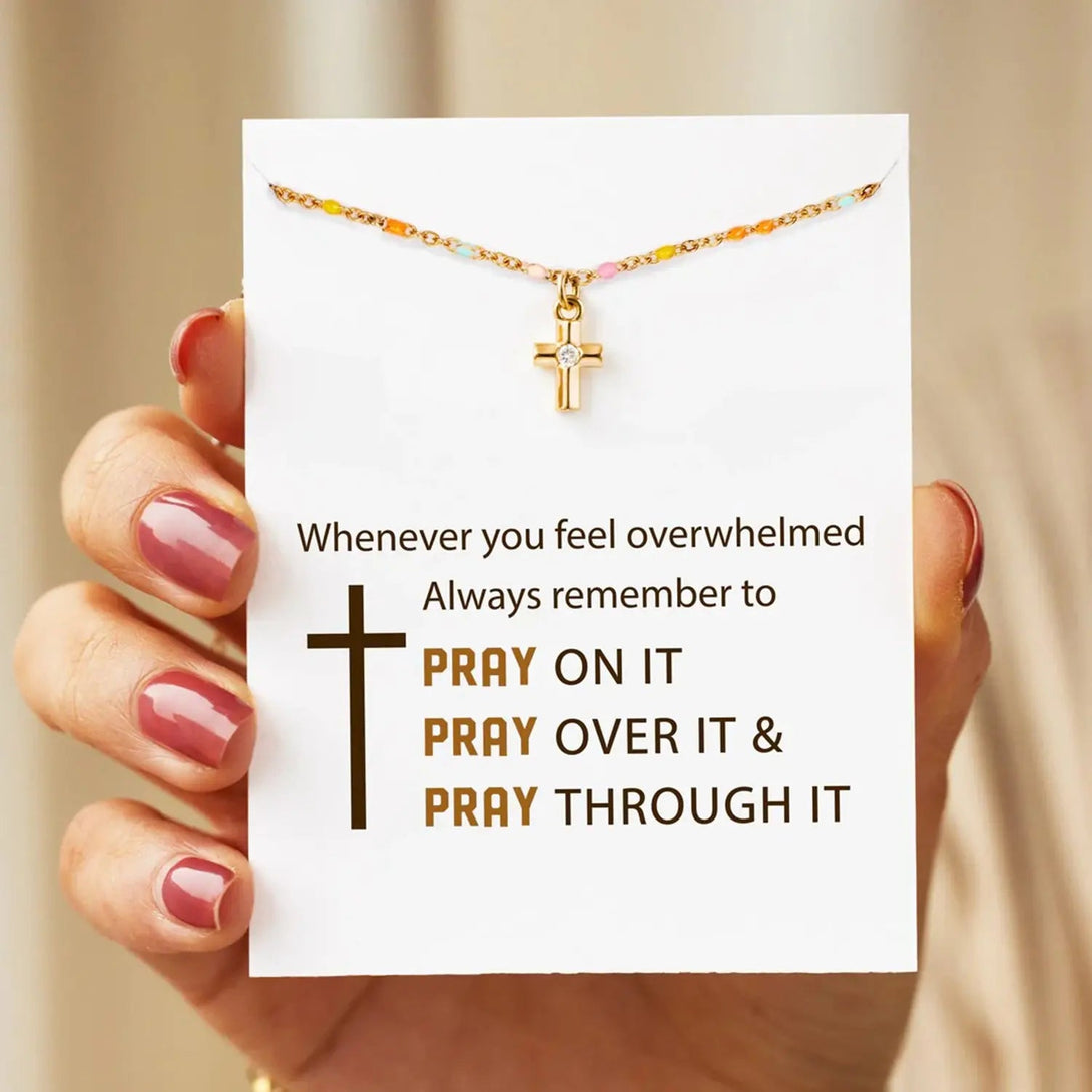 Lovcia Inlaid Zircon 18K Gold-Plated Cross Bead Necklace-Necklaces-Gold-One Size-Gold