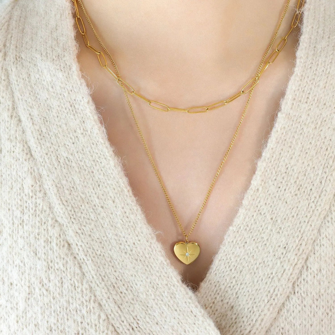 Lovcia Inlaid Zircon Double Layered Heart Pendant Necklace-Necklaces-Gold-One Size-Gold
