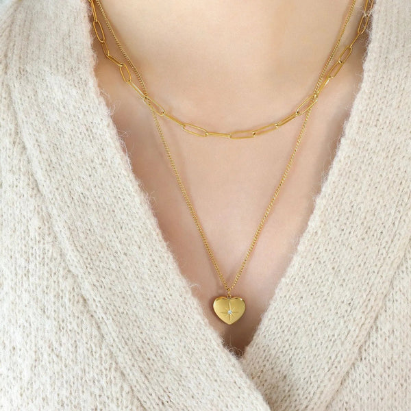 Lovcia Inlaid Zircon Double Layered Heart Pendant Necklace-Necklaces-Gold-One Size-Gold