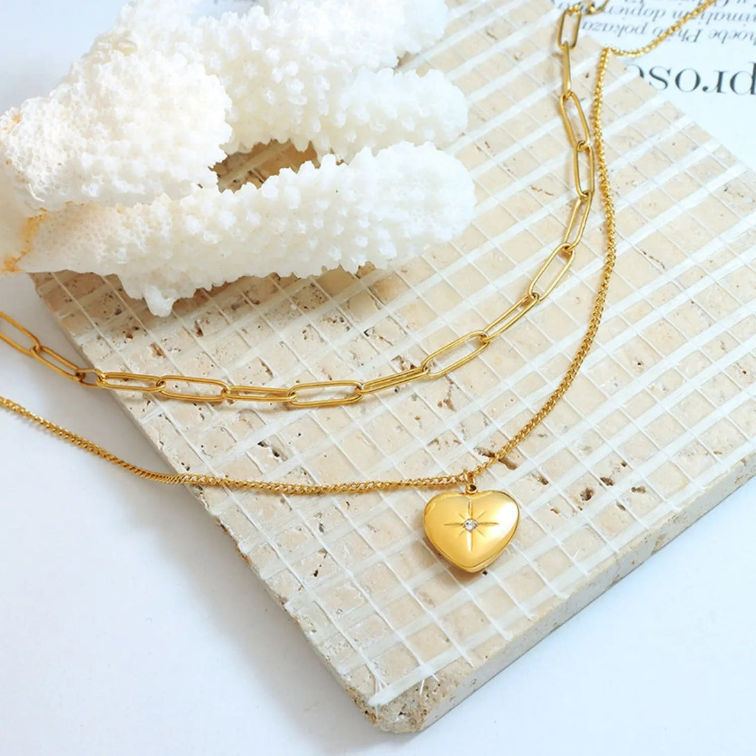 Lovcia Inlaid Zircon Double Layered Heart Pendant Necklace-Necklaces-Gold-One Size-Gold