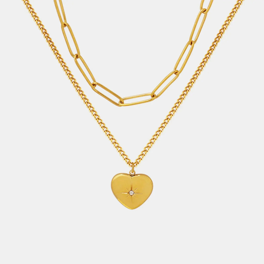 Lovcia Inlaid Zircon Double Layered Heart Pendant Necklace-Necklaces-Gold-One Size-Gold
