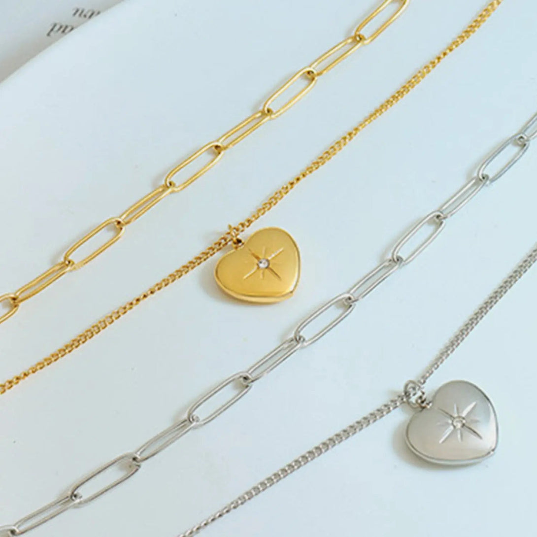 Lovcia Inlaid Zircon Double Layered Heart Pendant Necklace-Necklaces-Gold-One Size-Gold