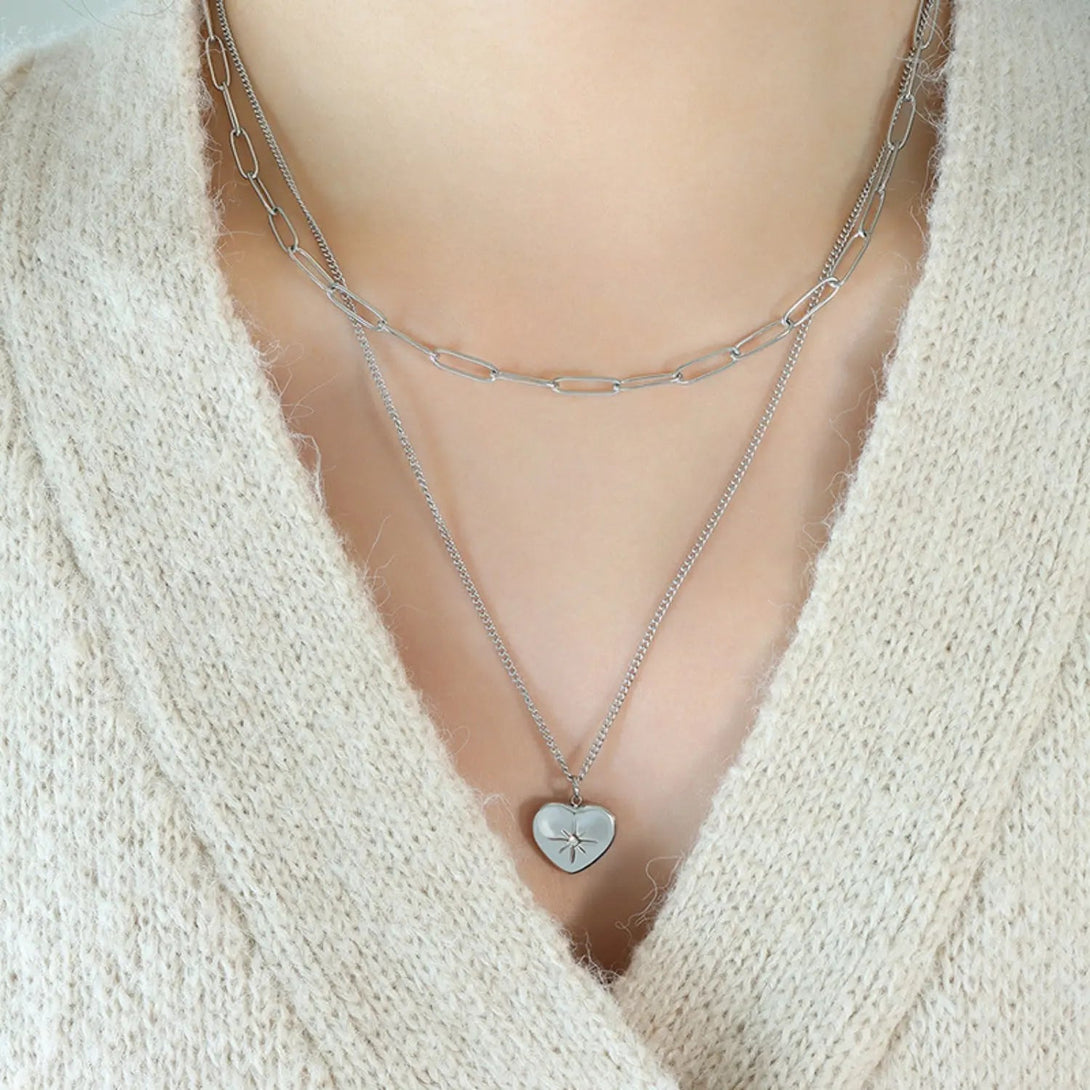 Lovcia Inlaid Zircon Double Layered Heart Pendant Necklace-Necklaces-Silver-One Size-Silver