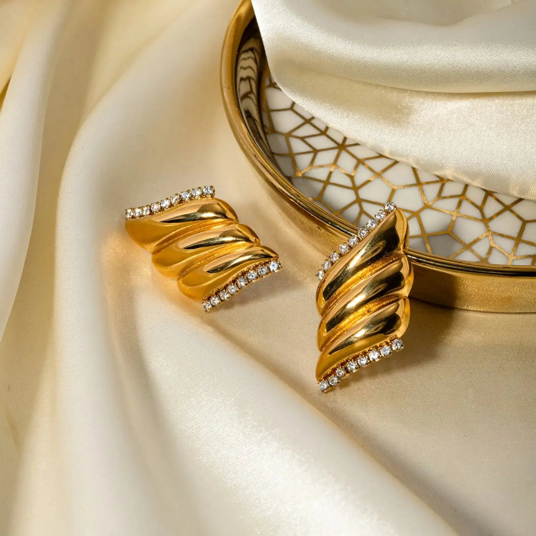 Lovcia Inlaid Zircon Stainless Steel Geometric Stud Earrings-Earrings-Gold-One Size-Gold