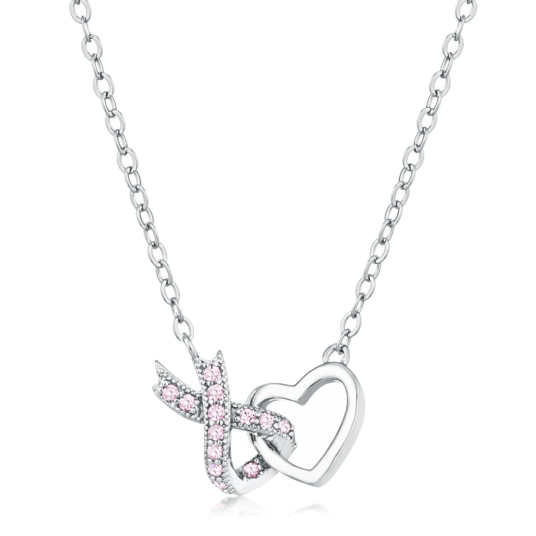 Lovcia Interlocking Heart and Pink Ribbon Pendant with Rhodium Plating-Necklaces-