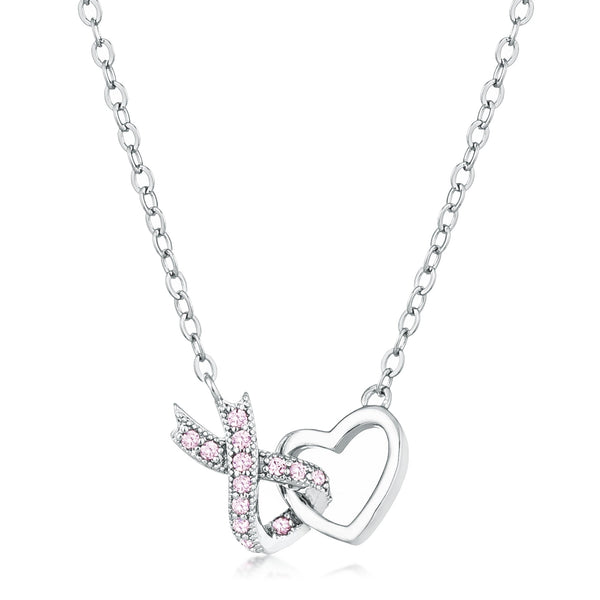 Lovcia Interlocking Heart and Pink Ribbon Pendant with Rhodium Plating-Necklaces-