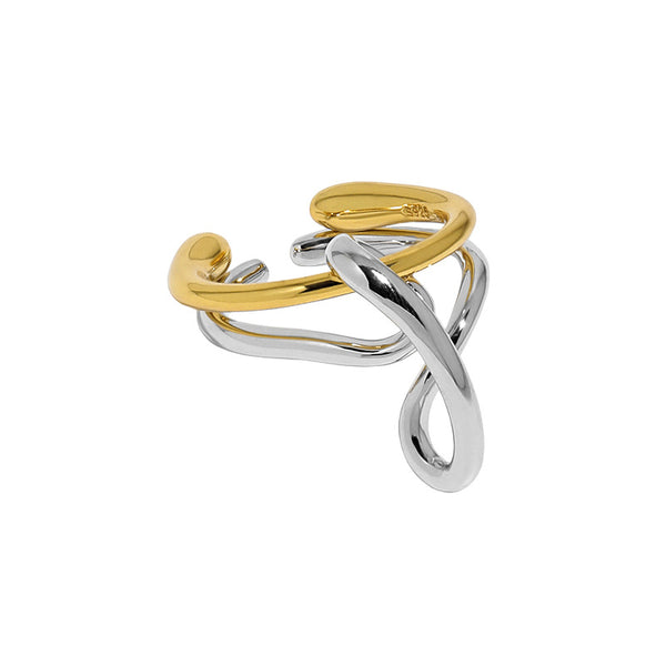 Lovcia Irregular Cross Lines 925 Silver Adjustable Ring-Rings-Yellow Gold & Rhodium-Yellow Gold & Rhodium