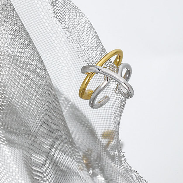 Lovcia Irregular Cross Lines 925 Silver Adjustable Ring-Rings-Yellow Gold & Rhodium-Yellow Gold & Rhodium