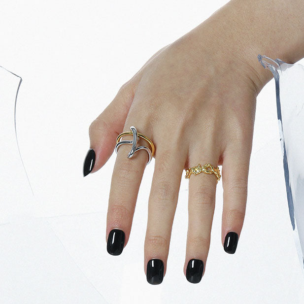 Lovcia Irregular Cross Lines 925 Silver Adjustable Ring-Rings-Yellow Gold & Rhodium-Yellow Gold & Rhodium