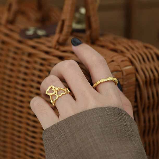 Lovcia Irregular Face Gold Plated Sterling Adjustable Ring-Rings-Yellow Gold-