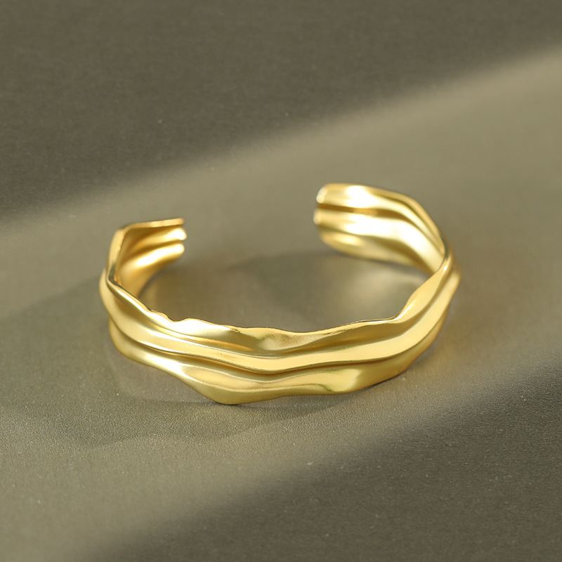 Lovcia Irregular Folds 925 Sterling Silver Open Bangle-Bracelets-Yellow Gold-