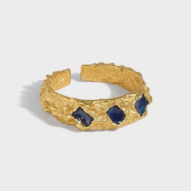 Lovcia Irregular Geometry Blue CZ Ring Adjustable Gold 925-Rings-Yellow Gold-