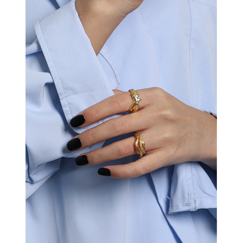 Lovcia Irregular Geometry Square CZ Ring Adjustable Gold-Rings-Yellow Gold-Yellow Gold