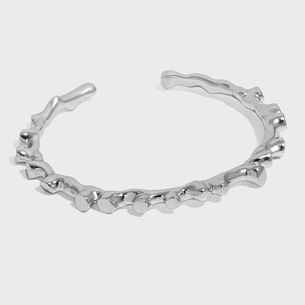 Lovcia Irregular Lava Stones 925 Sterling Silver Bangle-Bracelets-Rhodium-Rhodium