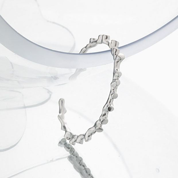Lovcia Irregular Lava Stones 925 Sterling Silver Bangle-Bracelets-Rhodium-Rhodium