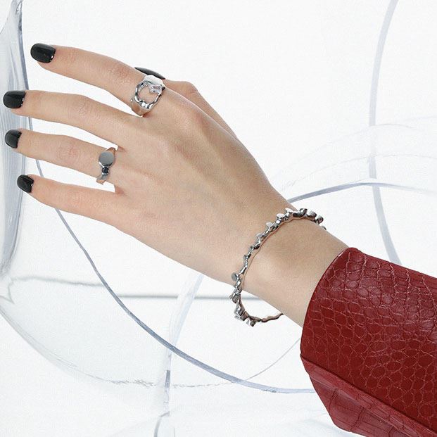 Lovcia Irregular Lava Stones 925 Sterling Silver Bangle-Bracelets-Rhodium-Rhodium