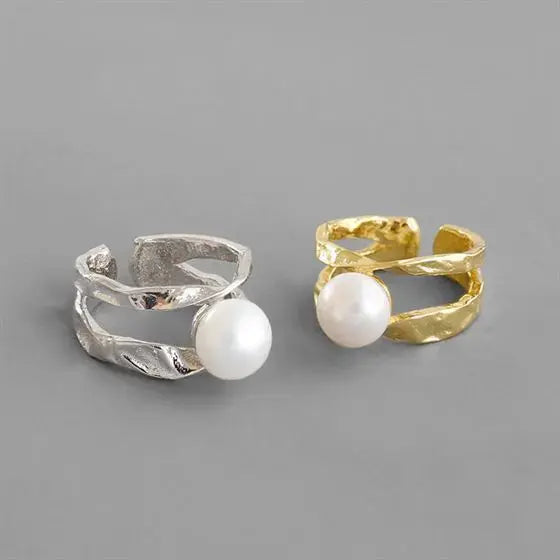 Lovcia Irregular Line Freshwater Pearl 925 Sterling Silver Adjustable Ring-Rings-Silver-Silver
