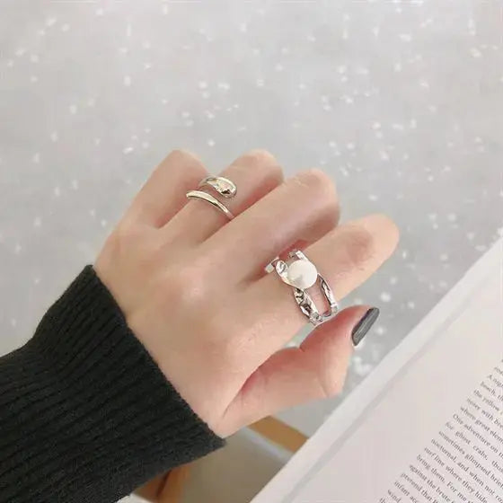 Lovcia Irregular Line Freshwater Pearl 925 Sterling Silver Adjustable Ring-Rings-Silver-Silver