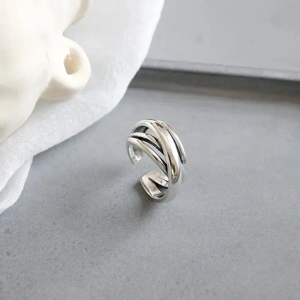 Lovcia Irregular Multilayer Cross 925 Sterling Silver Adjustable Ring-Rings-Vintage - Ring Size Hk14 Adjustable-Vintage - Ring Size Hk14 Adjustable