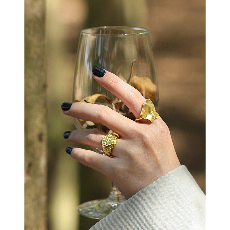 Lovcia Irregular Pattern Gold 925 Sterling Ring Adjustable-Rings-Yellow Gold-Yellow Gold