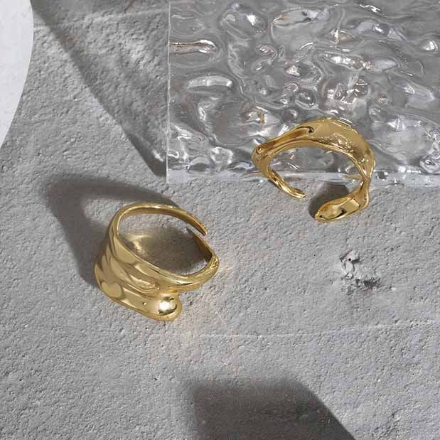 Lovcia Irregular Wave Adjustable Ring 925 Silver Gold-Rings-Sil097 & Yellow Gold-Sil097 & Yellow Gold