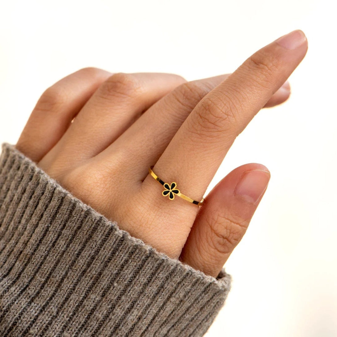 Lovcia Jewellery Enamel Blossom Ring in 925 Sterling Silver for Women-Rings-Black-6-Black