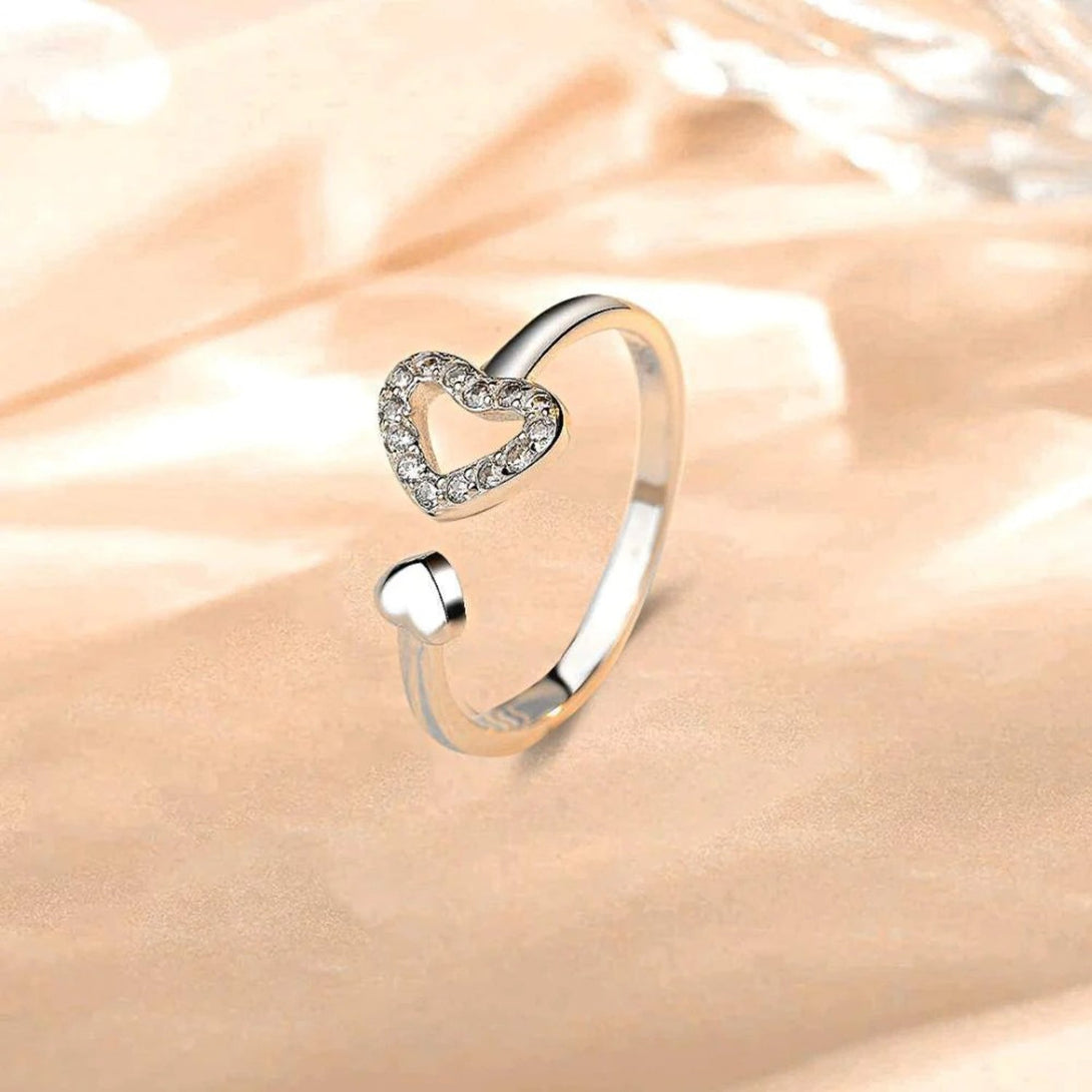 Lovcia Jewellery Heart-Shaped Adjustable Ring in 925 Sterling Silver with Inlaid Zircon for Women-Rings-Silver-7-Silver