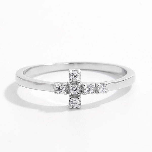 Lovcia Jewellery Zircon-Embellished 925 Sterling Silver Cross Ring for Women-Rings-Silver-6-Silver