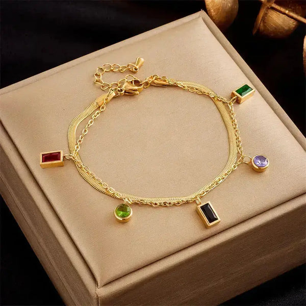 LOVCIA Gold Plated Stainless Steel Multi Color Crystals Charm Bracelet for Women - Party Bracelet Jewelry for Women-Bracelets-LOVCIA