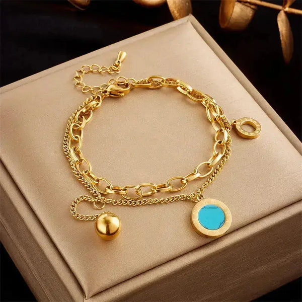 LOVCIA Gold Plated Stainless Steel Roman Turquoise Charm Bracelet for Women - Party Bracelet Jewelry for Women-Bracelets-LOVCIA