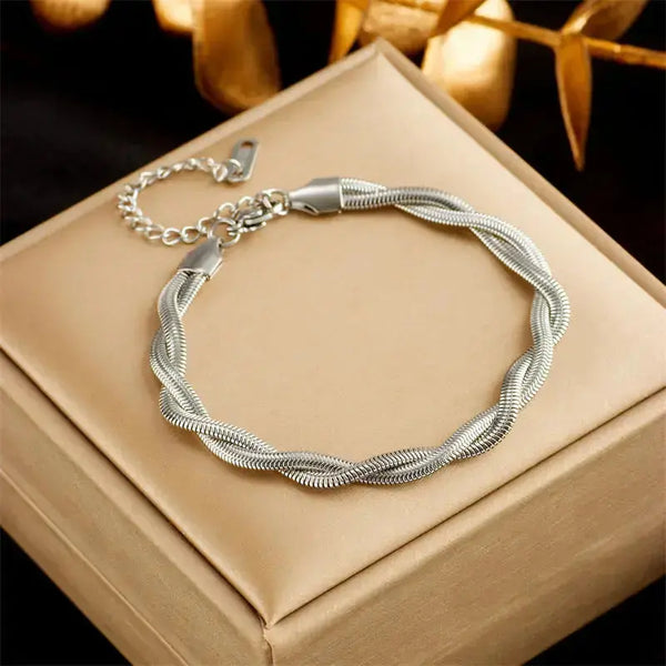 LOVCIA Gold Plated Stainless Steel Braided Silver Chain Bracelet for Women - Party Bracelet Jewelry for Women-Bracelets-LOVCIA